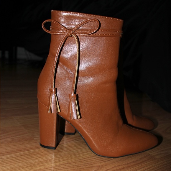 Brown Ankle Boots with Fringe Tie Detail - Picture 2 of 5
